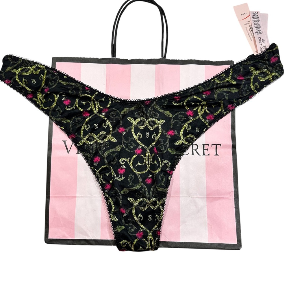 NEW Victoria's‎ Secret Black Snake Floral Thong Panty XL High Leg